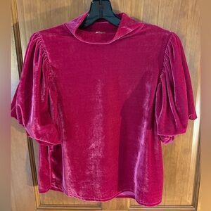 Free People  Fuchsia Velvet mock turtleneck puff sleeve top. Size Medium